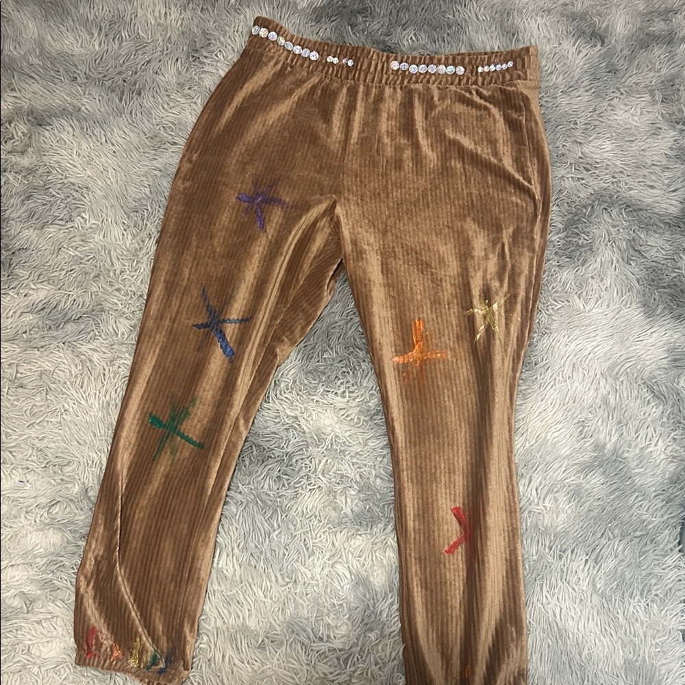 Brown Velvet Pants with Colorful Star Accents